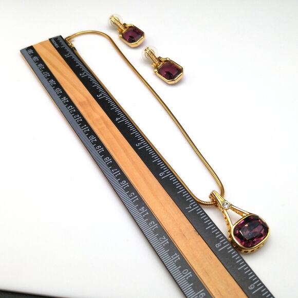 Vintage Swarovski Purple Crystal Pendant Necklace & Earrings, Monet Chain, 1990s - Picture 9 of 10